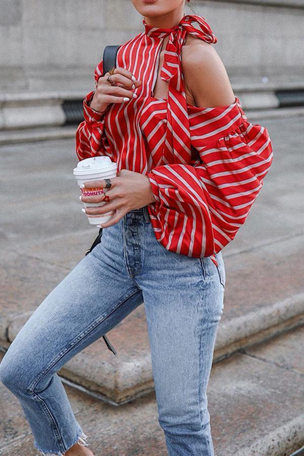 Long Sleeve Striped Off-Shoulder Shirt