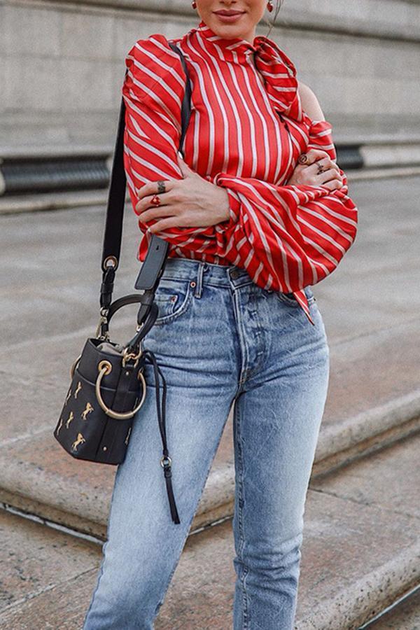 Long Sleeve Striped Off-Shoulder Shirt