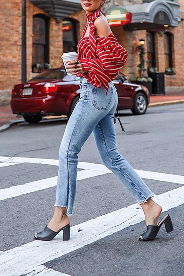 Long Sleeve Striped Off-Shoulder Shirt