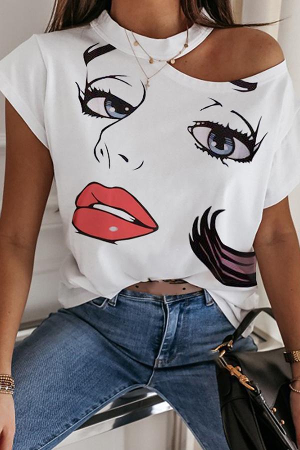 Lip Print Halterneck Short-Sleeved T-Shirt