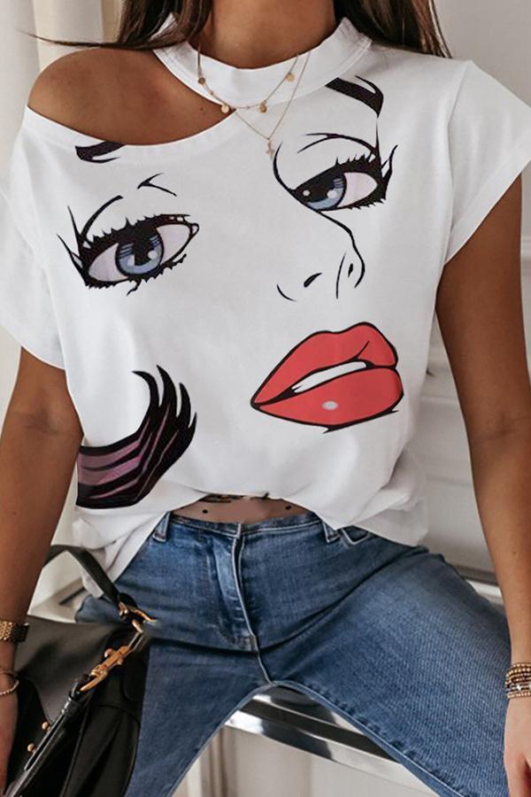 Lip Print Halterneck Short-Sleeved T-Shirt