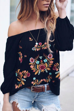 Chiffon Neck Embroidered Flower Top