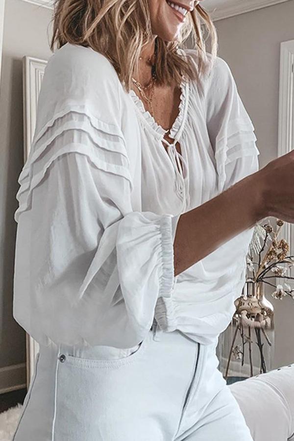 V-neck Lace Lantern Long-Sleeved Shirt Top