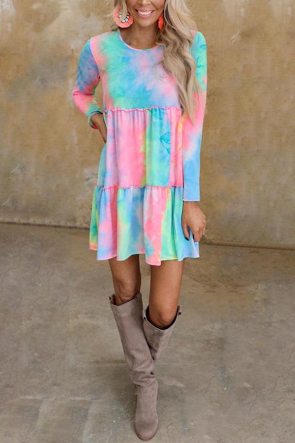 Tie-dye Long-Sleeved Patchwork Dress