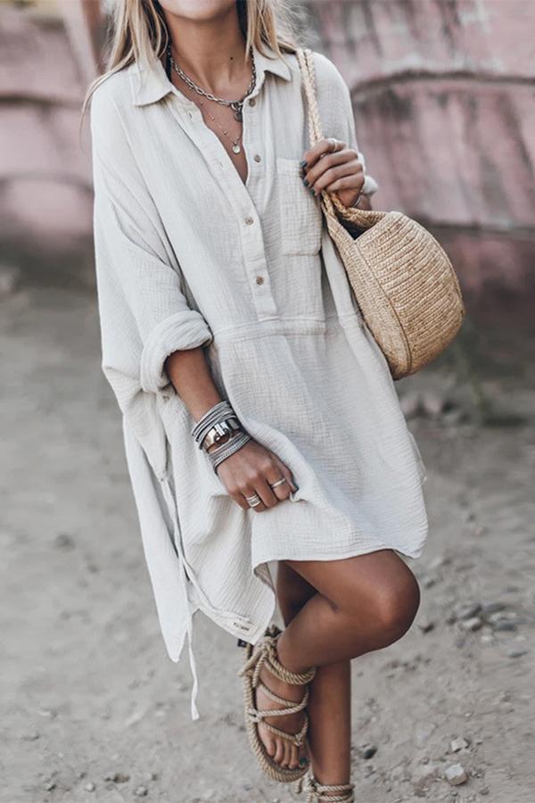 Casual Loose Cotton And Linen V-neck Dress