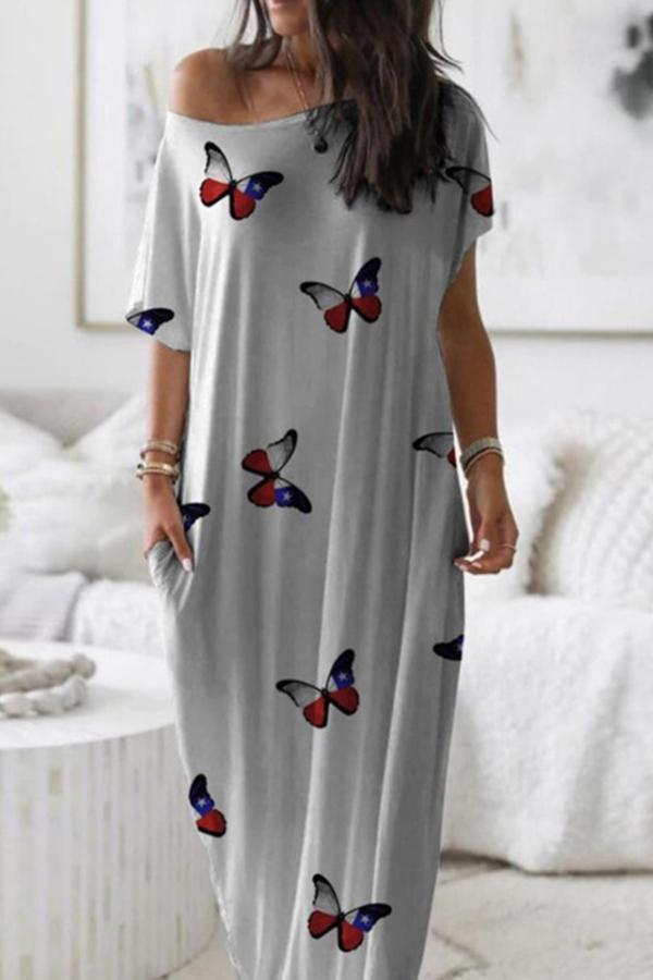 Butterfly Print Short Sleeve Long Dress