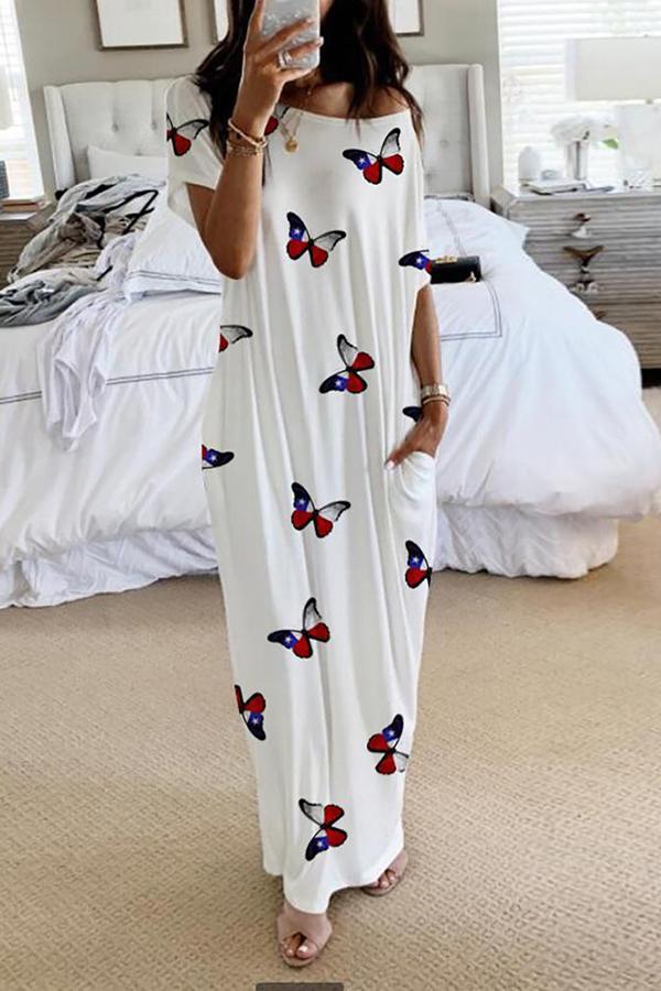 Butterfly Print Short Sleeve Long Dress