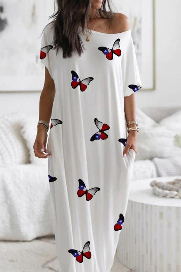 Butterfly Print Short Sleeve Long Dress