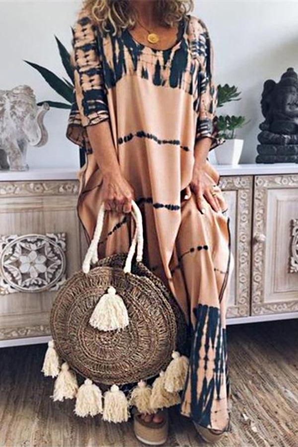 Loose Round Neck Print Long Skirt Dress