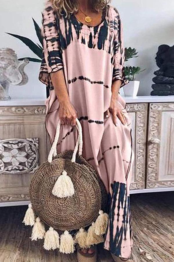 Loose Round Neck Print Long Skirt Dress