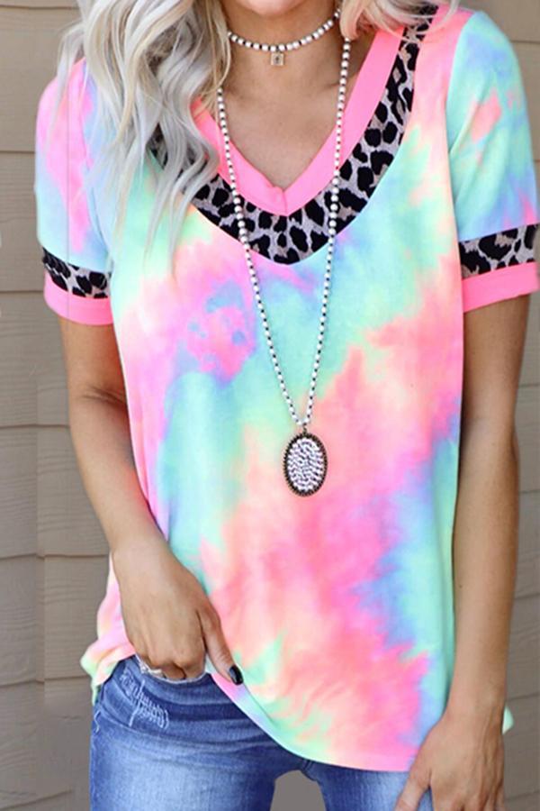 Tie-dye Short Sleeve V-neck Casual T-shirt