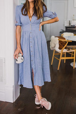 Cotton and Linen V-neck Sleeved Dress