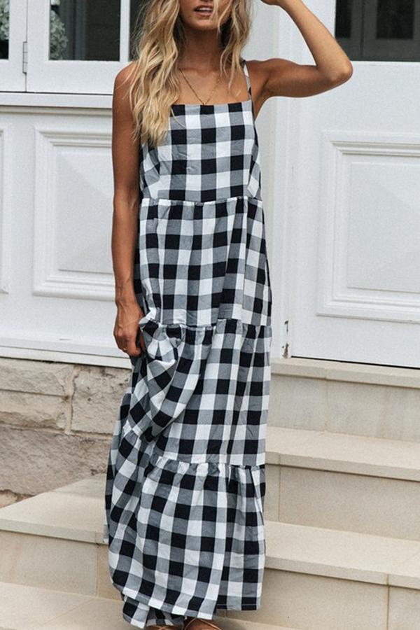 Fashion Plaid Sling Halter Dress