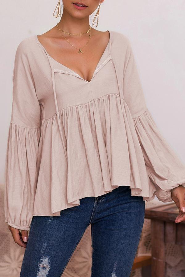 Puff Sleeve Solid Color V-neck Top