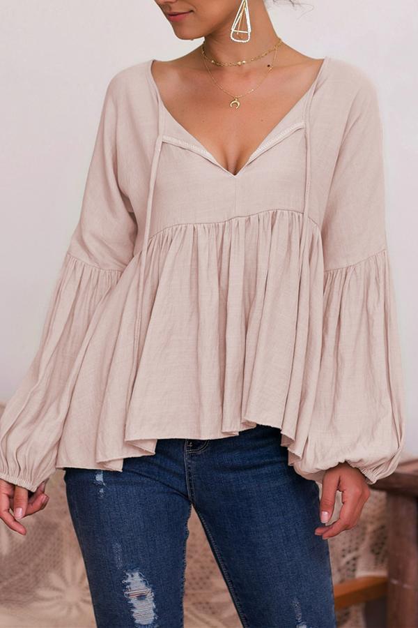 Puff Sleeve Solid Color V-neck Top