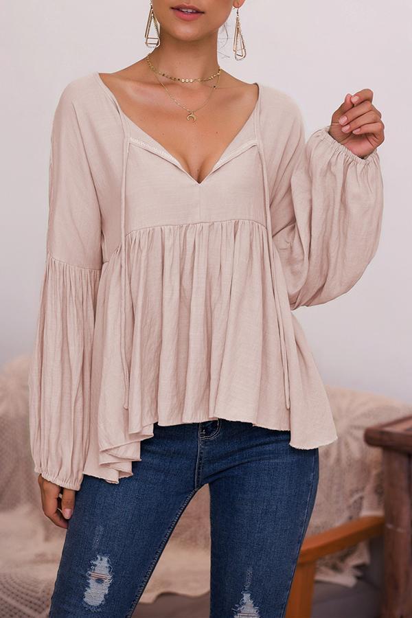 Puff Sleeve Solid Color V-neck Top