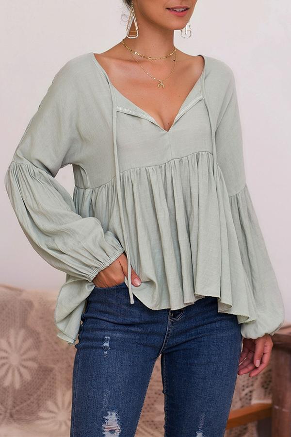 Puff Sleeve Solid Color V-neck Top