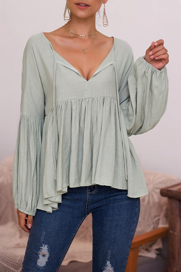 Puff Sleeve Solid Color V-neck Top