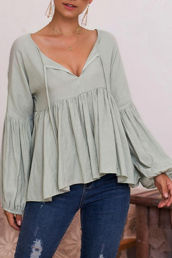 Puff Sleeve Solid Color V-neck Top