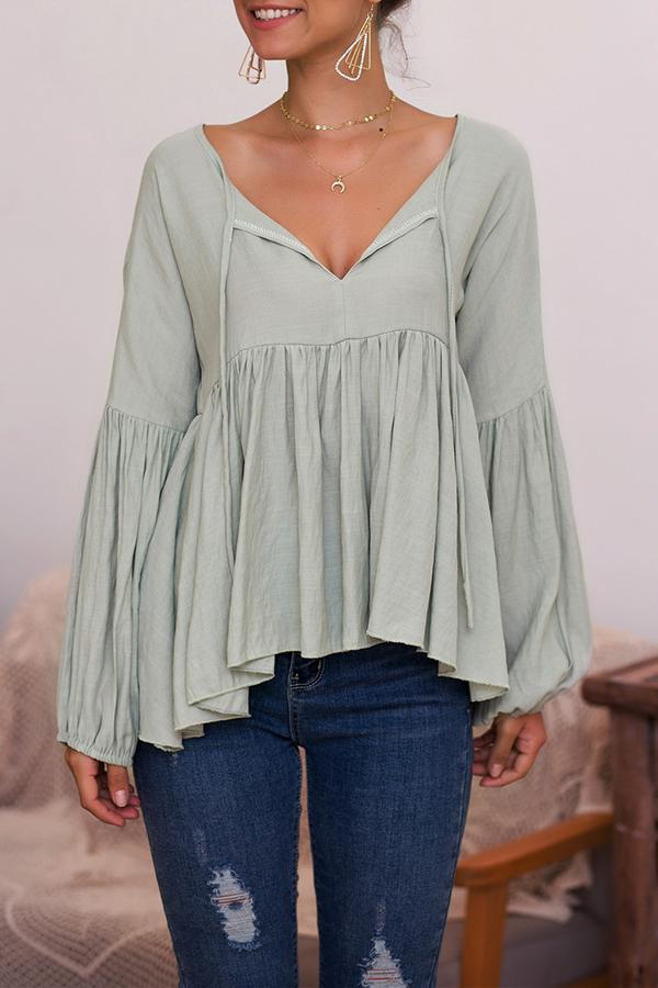 Puff Sleeve Solid Color V-neck Top