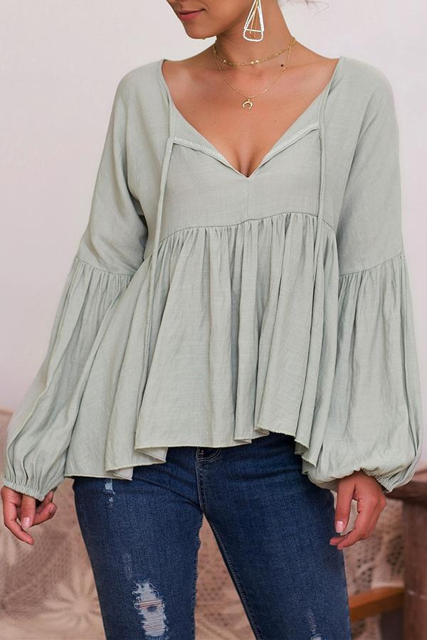 Puff Sleeve Solid Color V-neck Top