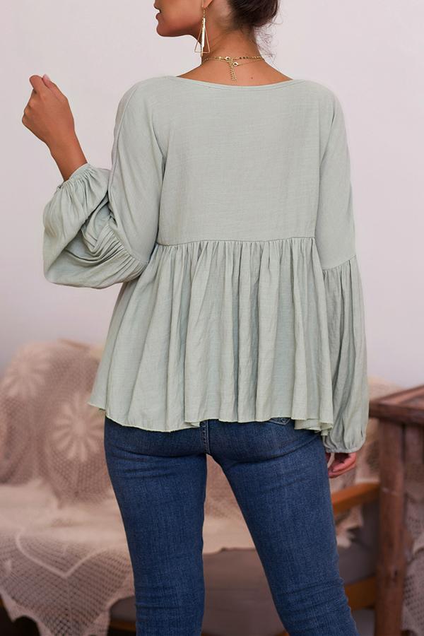 Puff Sleeve Solid Color V-neck Top