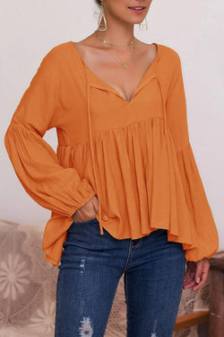 Puff Sleeve Solid Color V-neck Top