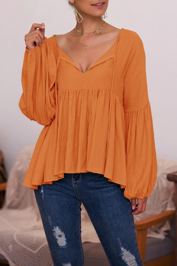 Puff Sleeve Solid Color V-neck Top