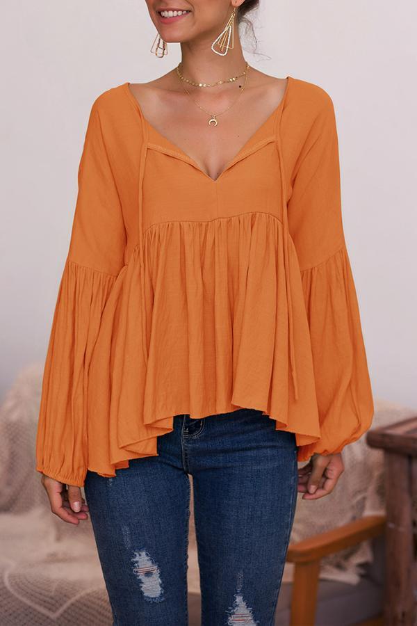 Puff Sleeve Solid Color V-neck Top