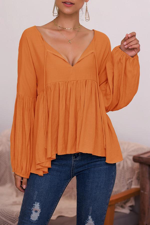 Puff Sleeve Solid Color V-neck Top