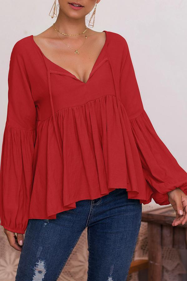 Puff Sleeve Solid Color V-neck Top