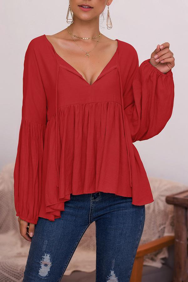 Puff Sleeve Solid Color V-neck Top