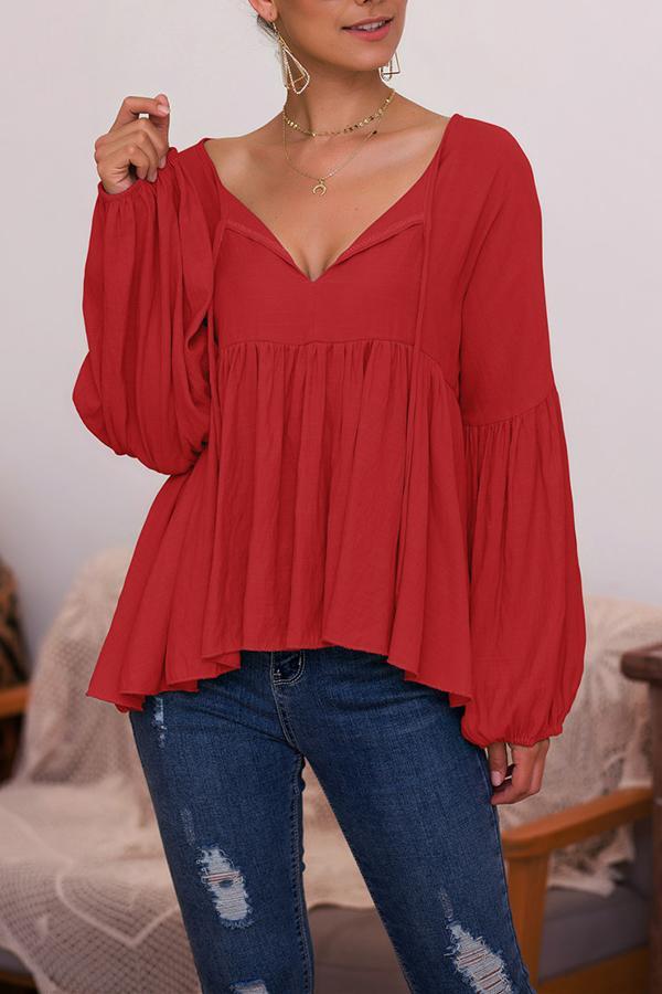 Puff Sleeve Solid Color V-neck Top