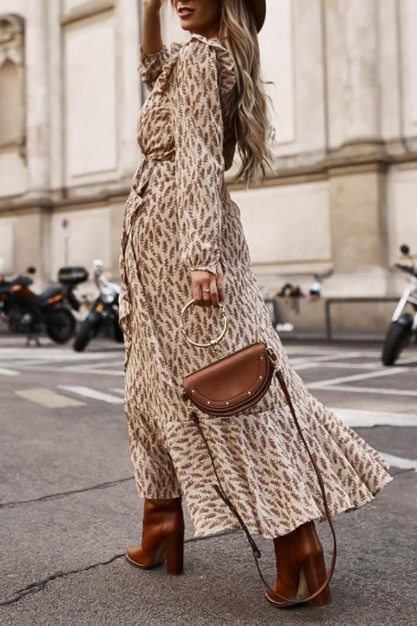 Long Sleeve V-neck Fashion Print Dress