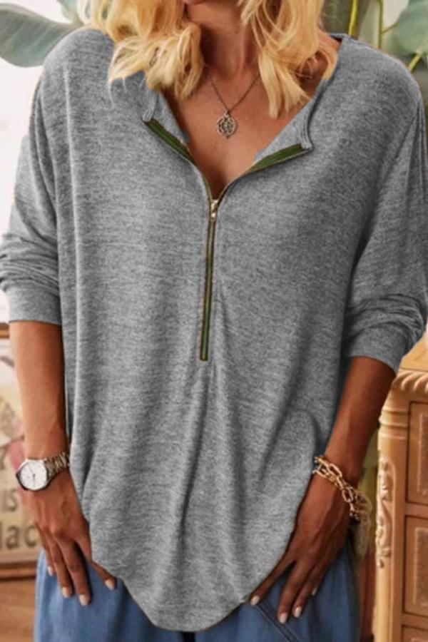 Zipper Solid Color Long Sleeve T-shirt