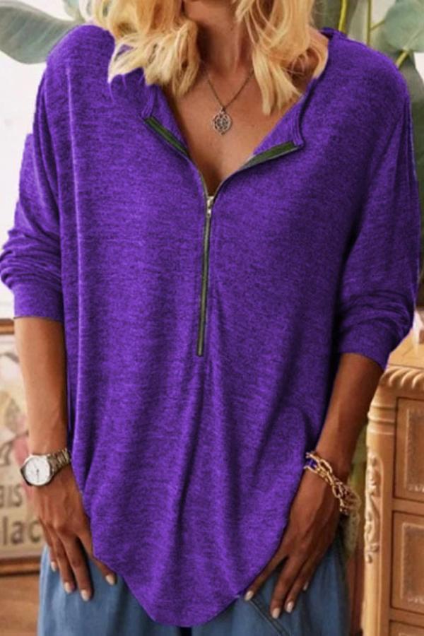 Zipper Solid Color Long Sleeve T-shirt