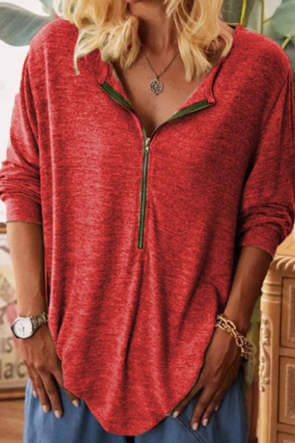 Zipper Solid Color Long Sleeve T-shirt