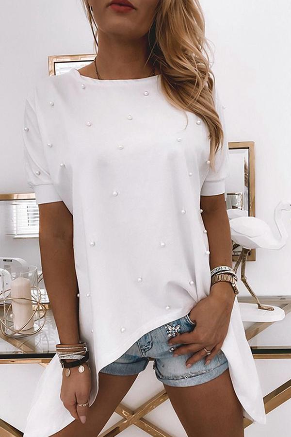 Round Neck Beaded Irregular T-shirt