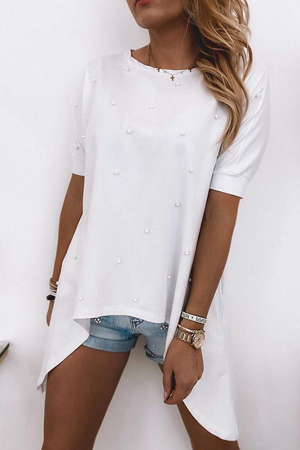 Round Neck Beaded Irregular T-shirt