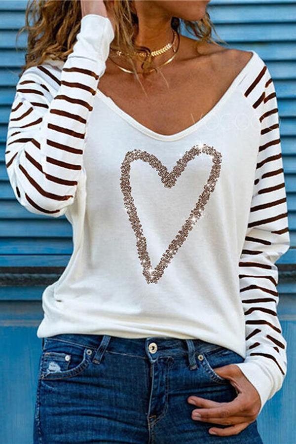 Printed V-neck Long Sleeve All-match T-shirt