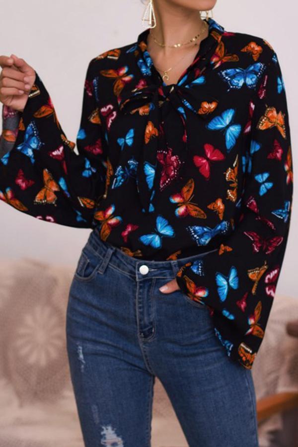 Butterfly Print Flared Long-sleeved Bow Top