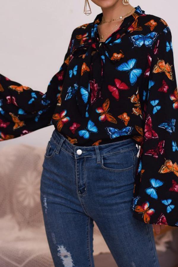 Butterfly Print Flared Long-sleeved Bow Top