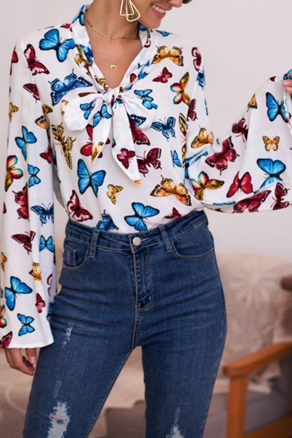 Butterfly Print Flared Long-sleeved Bow Top