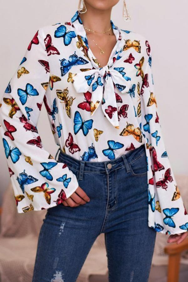 Butterfly Print Flared Long-sleeved Bow Top