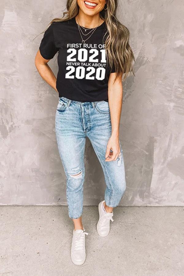 2021 Letter Print Retro Casual T-shirt