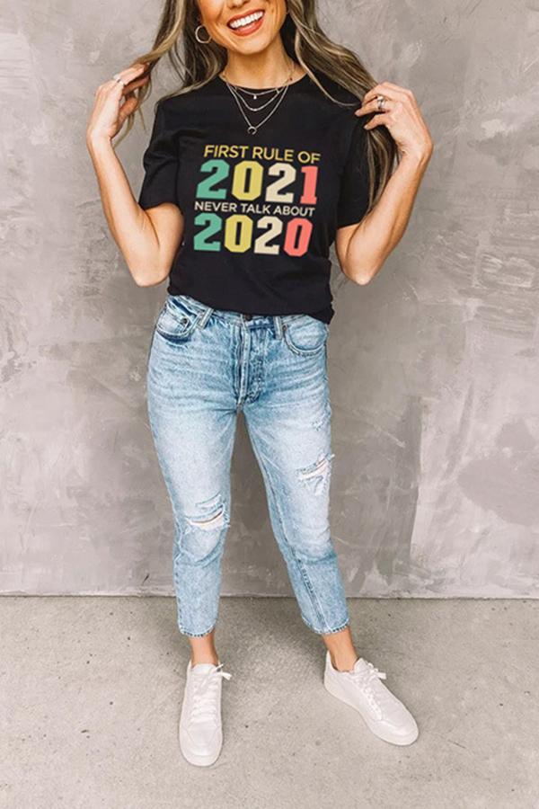 2021 Letter Print Retro Casual T-shirt