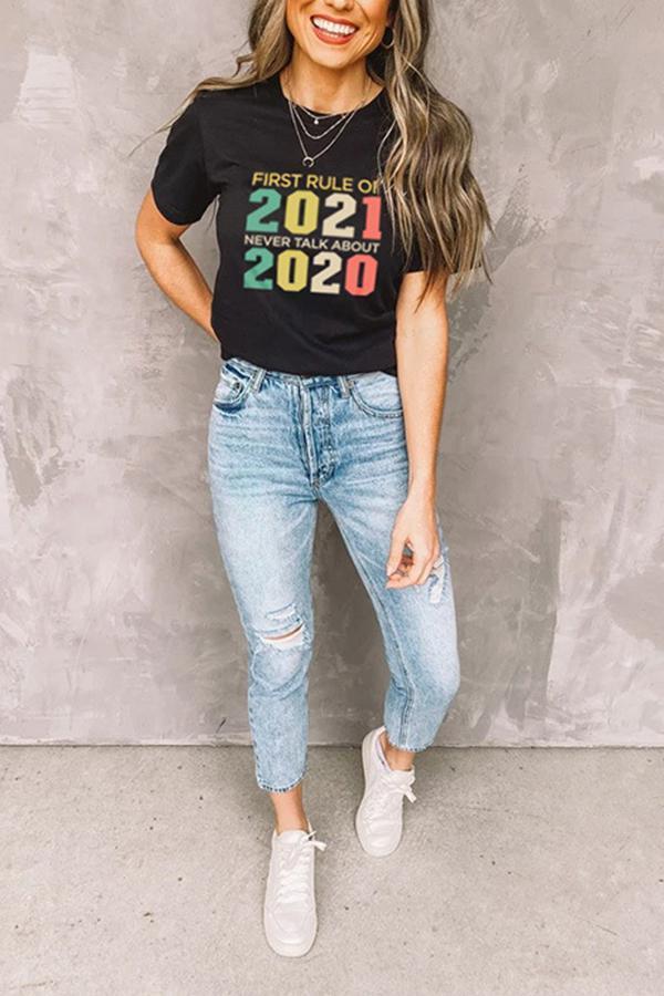 2021 Letter Print Retro Casual T-shirt