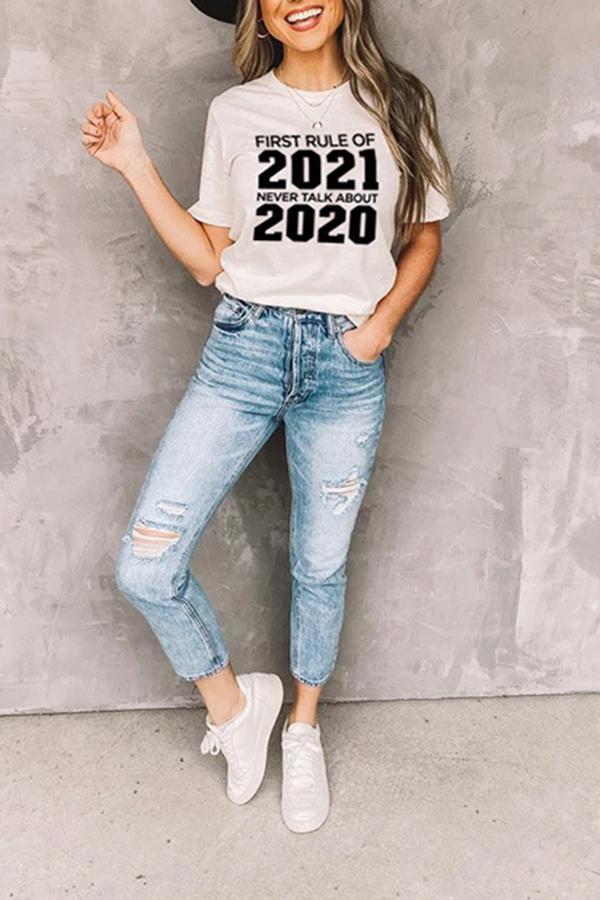 2021 Letter Print Retro Casual T-shirt