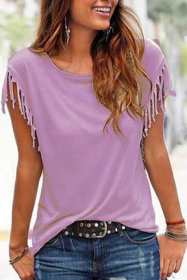 Short Sleeve Cuffs Tassel Knotted T-shirt