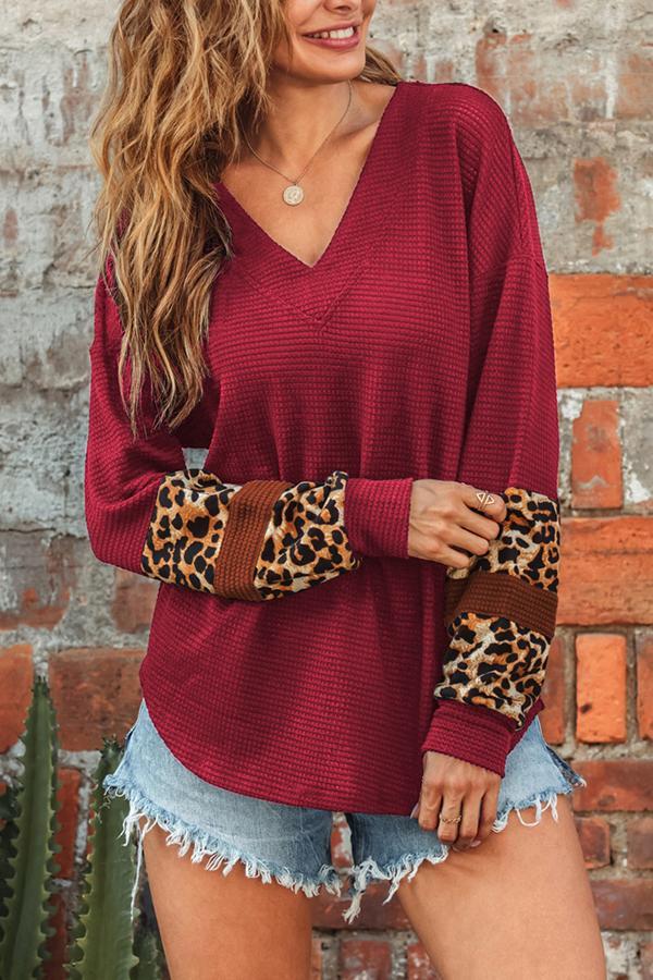 Leopard Print V-Neck Long Sleeve Casual Top